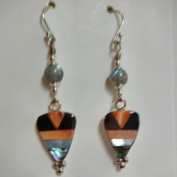 Sterling Silver, Labradorite and Shell Dangle Earrings, Handcrafted - Picture 5 of 10
